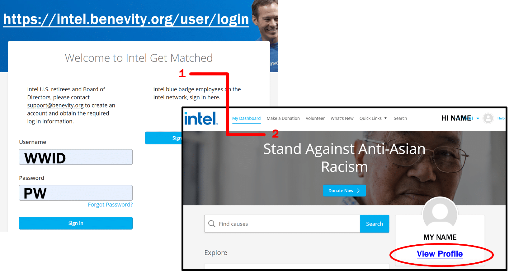 benevity login steps 1-2b - Intel Retiree Organization